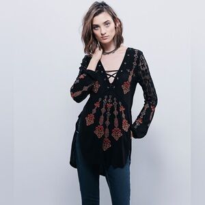 Free People Embroidered Bohemian Black Tunic Top-Size XS-NWT